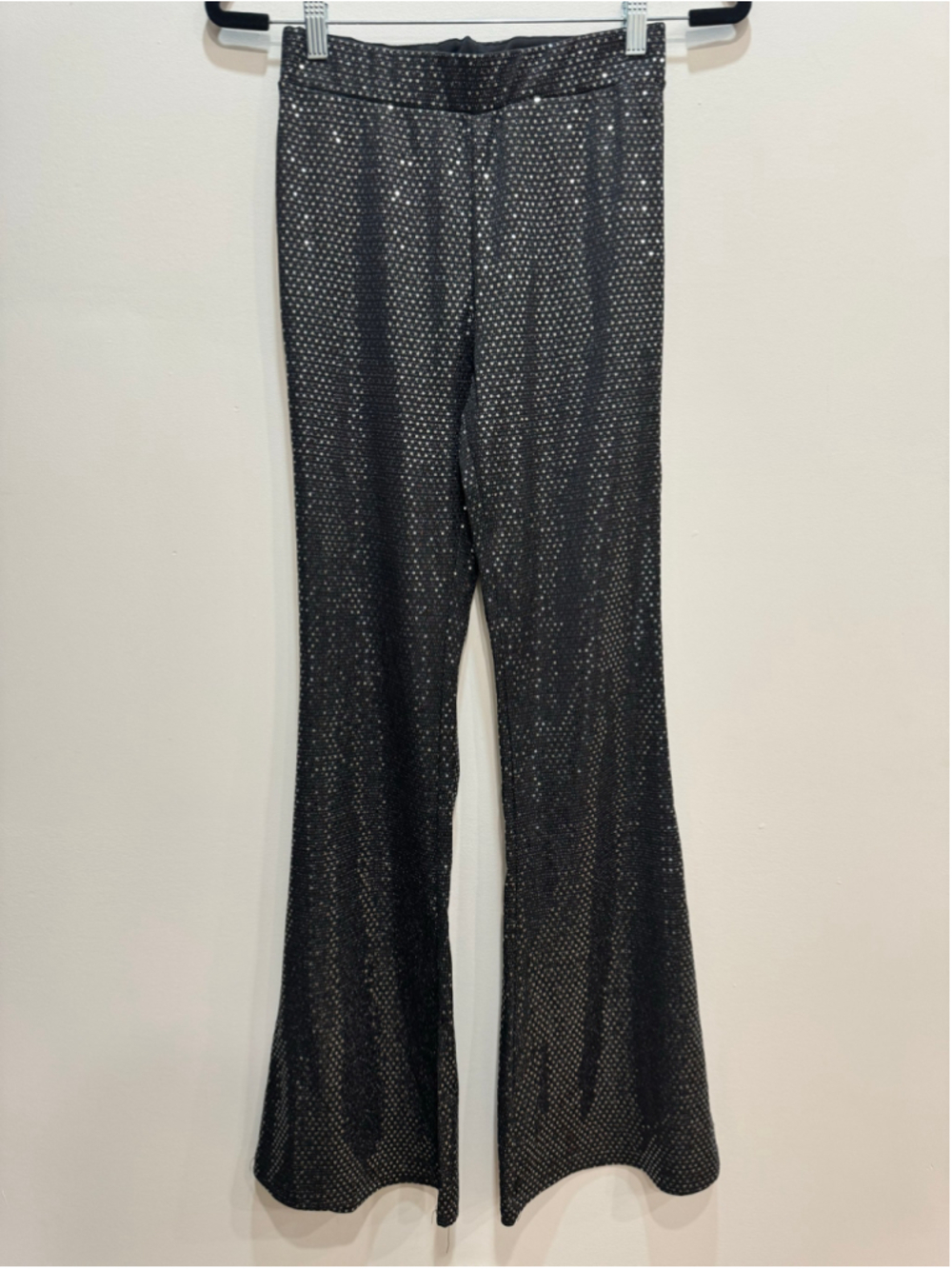 NWT Forever 21 Metallic Silver Black Glitter Bell Bottom Flare Pants M Disco 70s